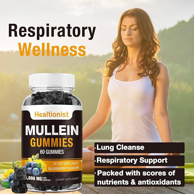 1 Pack Sugar Free Mullein Gummies - Lung Cleanse, 3000MG Mullein Supplement for Respiratory, Organic Mullein Drops Gummy with Quercetin & Bromelain for Lung, Digestive Health & Immune 90Ct