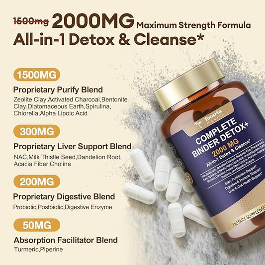 2000MG All-in-1 Detox Binder, Activated Charcoal, Zeolite, Bentonite Clay, Alpha Lipoic Acid, 7-Layer Detox & Cleanse Supplement, Liver & Gut Support, 120 Counts