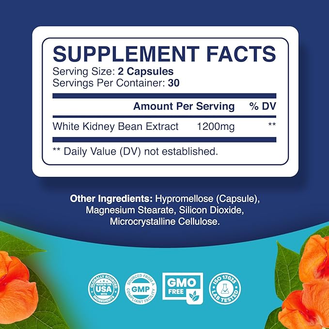 White Kidney Bean Extract Carb Blocker - White Kidney Beans Supplement for Metabolism Promote & Ease Calories from Starchy Food - Glucose Support & Carb Control Supplements - 60 Capsules