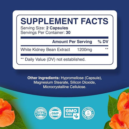 White Kidney Bean Extract Carb Blocker - White Kidney Beans Supplement for Metabolism Promote & Ease Calories from Starchy Food - Glucose Support & Carb Control Supplements - 60 Capsules