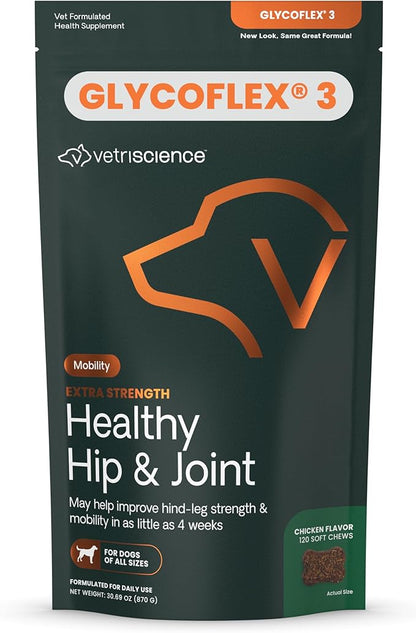 VetriScience Extra Strength Healthy Hip & Joint Chews, GlycoFlex 3, Glucosamine, Green-Lipped Mussel, Joint Support Supplement for Dogs, Promote Mobility & Soothe Joint Discomfort, Chicken, 120 Count