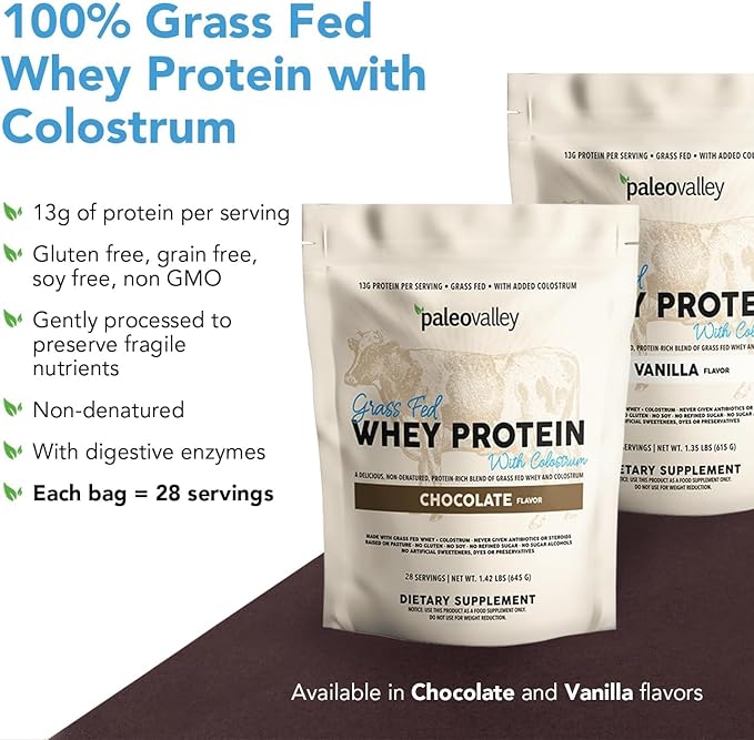 Paleovalley 100% Grassfed Whey Protein Powder with Colostrum, 13g Protein, Chocolate, Muscle Building, Immune Support, Gut Health, 30 Servings