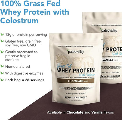 Paleovalley 100% Grassfed Whey Protein Powder with Colostrum, 13g Protein, Chocolate, Muscle Building, Immune Support, Gut Health, 30 Servings