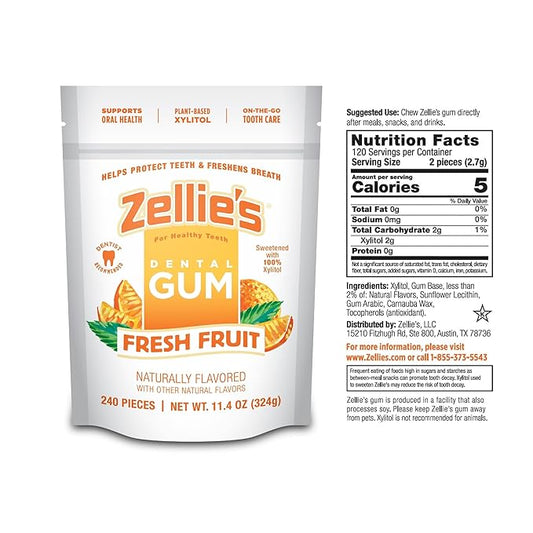 Zellie's | 100% Xylitol Fresh Fruit Chewing Gum | No Aspartame, Gluten Free, Vegan & Kosher (240 Count - Pack of 1)