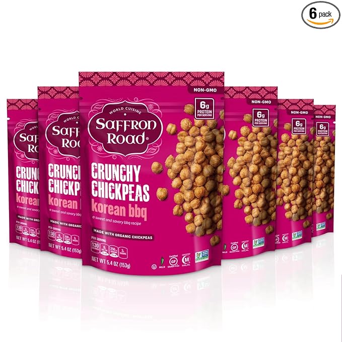 Saffron Road Roasted and Crunchy Korean BBQ Chickpeas | High Protein Snacks | Gluten-free, Vegan, Non-GMO, and Certified Halal and Kosher | 5.4oz Pouch | Pack of 6