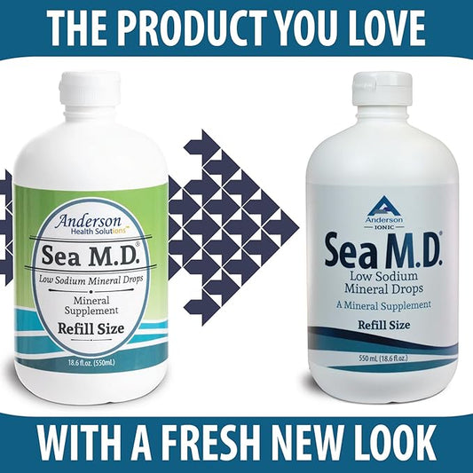 Anderson Sea M.D. New Refill Size Concentrated Trace Mineral Drops, Ionic Electrolyte Magnesium Supplement, Aids in Muscle Cramps, Liquid Magnesium, Easy to Take, 550mL, 275 Servings