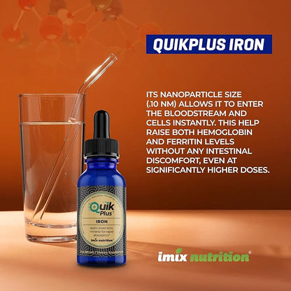 QuikPlus Iron Ionic Liquid Mineral Supplement for Hemoglobin & Ferritin – High Absorption Iron Supplement for Adults – Vegan, Gluten-Free, All Natural – 2 oz Bottle