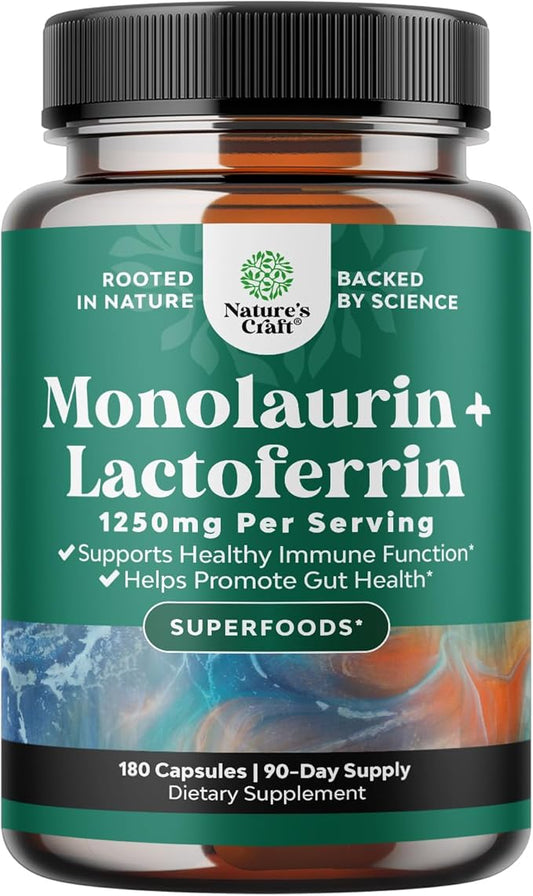 Natures Craft High Strength Lactoferrin & Monolaurin Supplement - Microbiome Digestive Health Immune Support Supplement - 250mg Lactoferrin and Monolaurin 1000mg Capsules - Vegetarian (90 Servings)