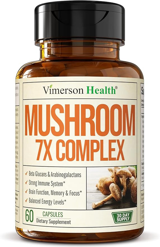 7-in-1 Mushroom Powder Supplement - Organic Lions Mane Powder, Reishi Mushroom, Cordyceps, Chaga. Mushroom Complex Capsules for Memory, Focus, Immune Support & Energy. 60 Turkey Tail Mushroom Capsules