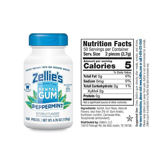 Zellie's | 100% Xylitol Peppermint Chewing Gum | No Aspartame, Gluten Free, Vegan & Kosher (100 Count - Pack of 1)