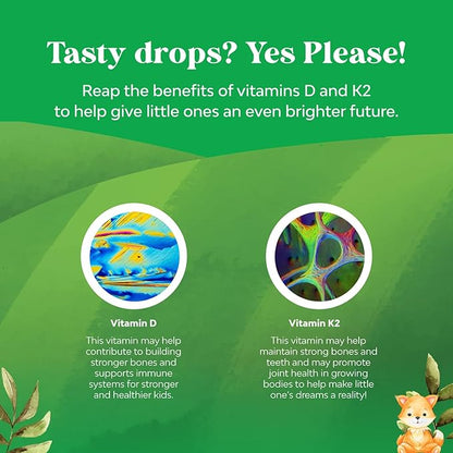Natures Craft Kids Vitamin D3 K2 Drops - Organic Vitamin D for Kids for Strong Bones & Joints - Infants, Babies & Toddler Immune Support Drops Liquid Supplement - 60 ml Bottle