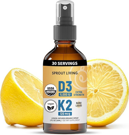 Sprout Living Organic Vitamin D3 5000 IU (Lichen) + K2 120 mcg (Chickpea) Spray for Immune Support & Bone Health | Trace Minerals with Real Lemon & Citrus Extract, Sugar Free (1 FL OZ, 30 Servings)