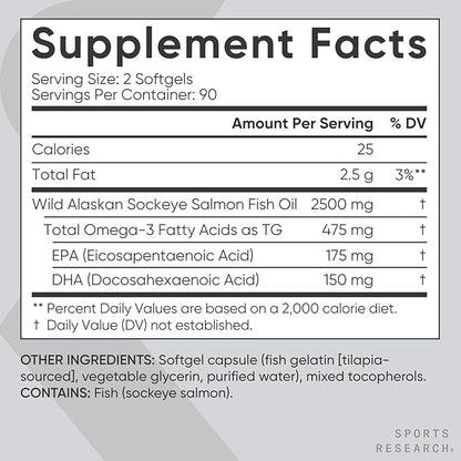 Sports Research® Salmon Oil - Single-Source Wild Alaskan Sockeye | 2500 mg per Serving w/EPA & DHA Fatty Acids | MSC Certified - 180 Count Softgels