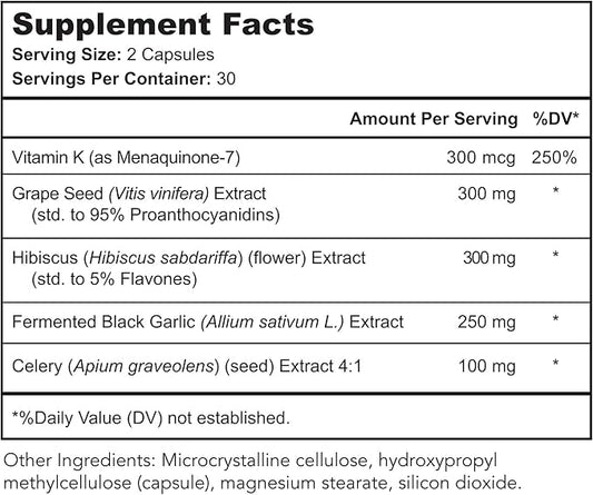 Vaso Calm - Healthy Blood Balance Supplement - Features Fermented Garlic, Celery and Grape Seed Extract, Hibiscus, and Vitamin K2 - Made in The USA