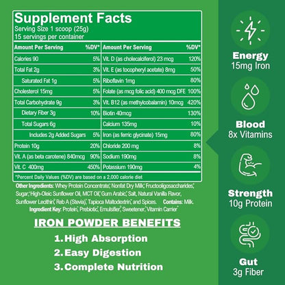 Smart Eats - Iron Powder | Highly Absorbed | Avoids Side Effects | Complete Nutrition: Protein, Vitamins, Fiber | Tasty Drinks & Shakes | Boost Hemoglobin, Ferritin | Vanilla Flavor | 15 Scoops