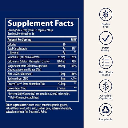 Trace Minerals | Liquid Cal/Mag/Zinc | Calcium, Magnesium, Zinc, Vitamin D3 Supplement | Supports Normal Tissue, Muscle, and Bone Density | Natural Piña Colada Flavor | 16 Servings, 16 fl oz.