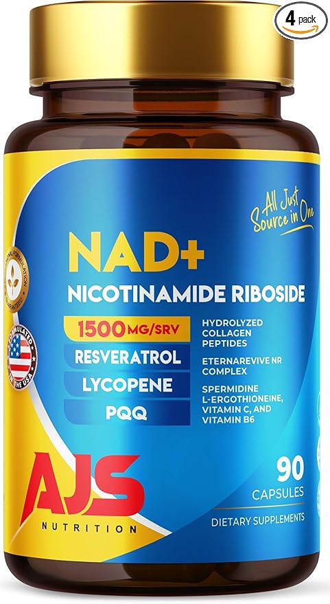 AJS NAD+ Cellular Energy – NR Supplement with PQQ, Resveratrol, Lycopene, Spermidine, L-Ergothioneine, and Collagen Peptides – 90 Capsules for Cellular Support 90 Count (Pack of 4)