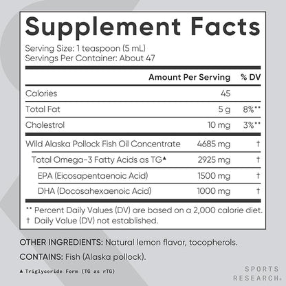 Sports Research® Omega-3 Fish Oil 4685mg - Sourced from Wild Caught Alaska Pollock - Natural Lemon Flavor, MSC Certified Sustainable - 8oz (48 Servings)