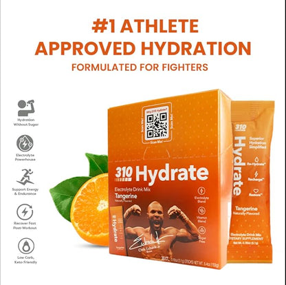 310 Nutrition Hydrate Electrolyte Powder Packets – Chris Eubank Jr. Edition – Electrolytes & B Vitamins – Keto Friendly Drink Mix – On-The-Go Hydration – 30 Single Serve Packets, Tangerine Flavor