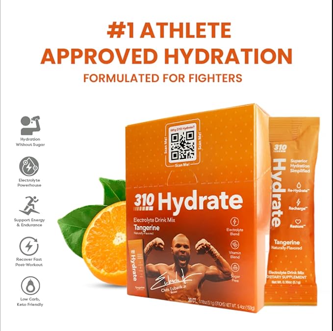 310 Nutrition Hydrate Electrolyte Powder Packets – Chris Eubank Jr. Edition – Electrolytes & B Vitamins – Keto Friendly Drink Mix – On-The-Go Hydration – 15 Single Serve Packets, Tangerine Flavor