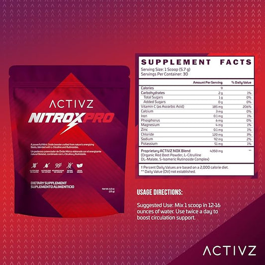 ACTIVZ NitroxPro™ Drink Powder - Beets, L-Citrulline, Rutinosides, CyLoc Dextrin & DexKey for Nitric Oxide, Cardiovascular Support, 6.0 oz (171g)