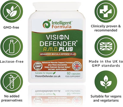 Vision Defender Plus Eye Supplement: AREDS2 Formula Vitamins, Minerals (Lutein, Zinc) Enhanced with Meso-Zeaxanthin for Complete Eyes/Eyesight Health Care & Support. 60 Easy-to-Swallow Vegan Capsules