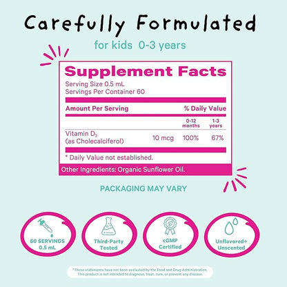 Pink Stork Baby Liquid Vitamin D Drops for Infants, 400 IU Vitamin D3 for Newborns and Kids to Help Support Bone Development and Healthy Immune Function - 1 fl oz, 2 Month Supply