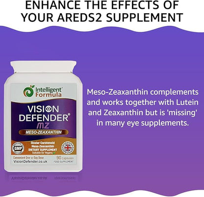 Vision Defender Meso Zeaxanthin Vegan Eye Supplement MZ- Protect and Improve Ocular Health & Eye Care, High Strength Antioxidant Carotenoid Meso-Zeaxanthin for Eyes (90 Capsules/One Daily) Made in UK