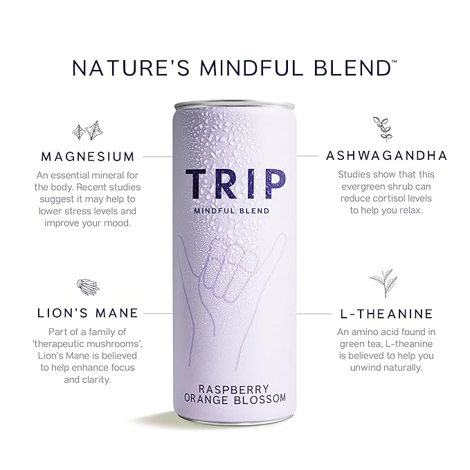 Trip Mindful Blend, Lightly Sparkling Adaptogen Seltzer, Mocktail w/ 120mg Magnesium Citrate with Ashwagandha, Lions Mane & L Theanine, No Added Sugar, Vegan, Raspberry Orange Blossom, 12 Oz, 12Pk