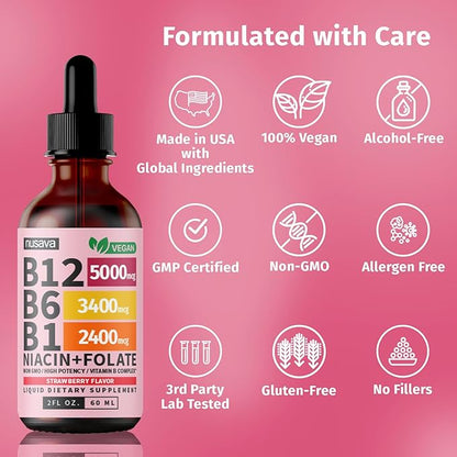 (4 Pack) Vitamin B12 and B6 Liquid Drops, B12 Sublingual Vitamin B Complex - B 12 Vitamin 5000mcg - B12 Methylcobalamin for Energy, Brain, and Heart Support with 27,200 mcg, Strawberry, 80 Servings