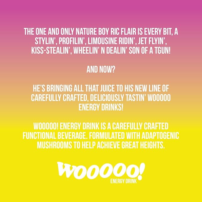 Wooooo! Energy Ric Flair Sparkling Adaptogenic Mushroom Energy Drink | Natural Antioxidants & Nootropics | Lion’s Mane & Cordyceps | 150mg Caffeine | 12 Pack (Variety Pack)