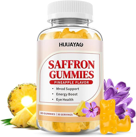 10-IN-1 Saffron Gummies, Sugar Free Saffron Supplements with Ashwagandha, L-Theanine, Rhodiola Rosea, Vitamin D3, B6, Magnesium & Zinc for Mood, Energy, Focus Support, Pineapple Flavor, 60 Count