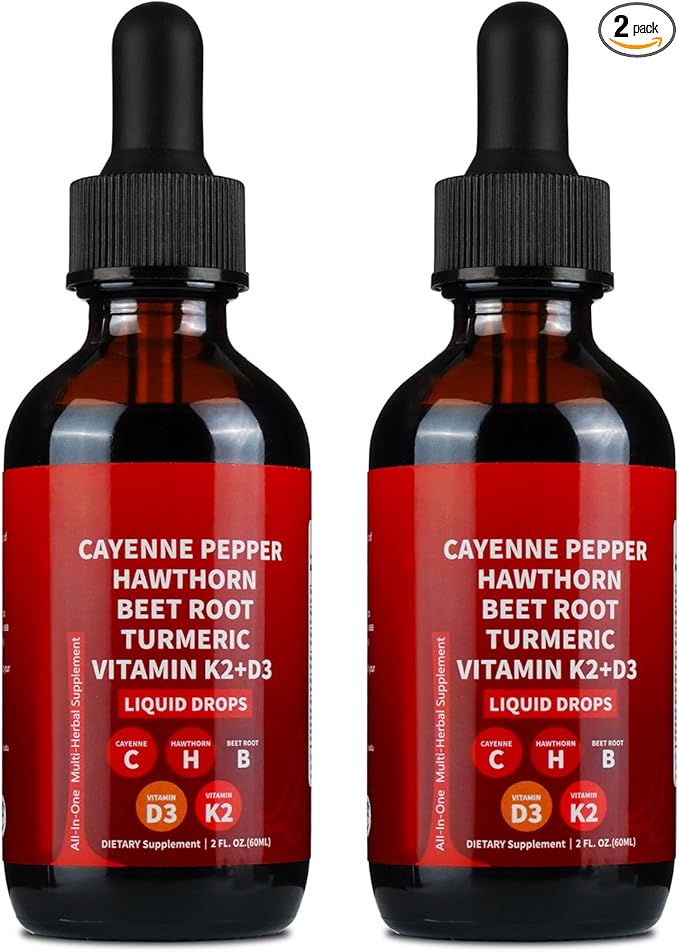 2PCS Cayenne Pepper Drops, AeluroCayenne Pepper Liquid Drops - Natural Cayenne Pepper Extract with Hawthorn Berry, Beetroot, Turmeric and Vitamin D3 K2-60ml