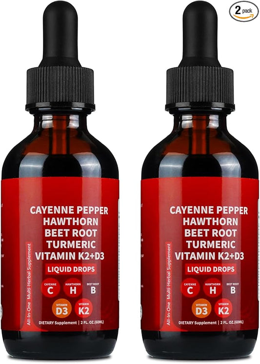 2PCS Cayenne Pepper Drops, AeluroCayenne Pepper Liquid Drops - Natural Cayenne Pepper Extract with Hawthorn Berry, Beetroot, Turmeric and Vitamin D3 K2-60ml