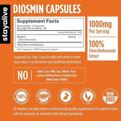 STAY ALIVE Pure Diosmin Complex 1000mg Formula, 120 Capsules, Citrus Bioflavonoids Rich Fruit Extract, 2 Month Supply, 100% Vegetarian, Non-GMO & Gluten Free Diosmin Supplement