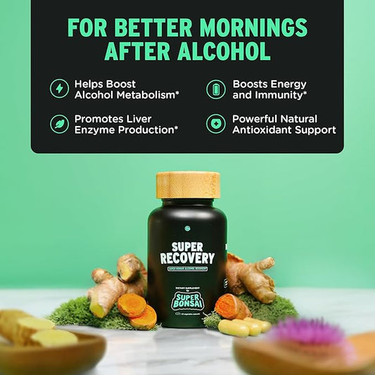SuperBonsai Super Recovery Capsules for Post Celebration and Morning Relief - All Natural Holistic Support - 3 Capsules Taken Before Drinking and an Optional Serving After (28 Servings)