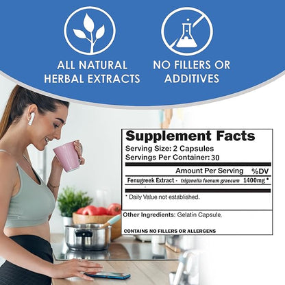 VH Nutrition Fenugreek+ | 1400mg Extra Strength Fenugreek Capsules | Hormonal Balance and Energy Support Supplement for Men & Women | 60 Gluten-Free Capsules