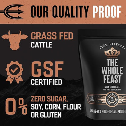 The Fittest Whole Feast Beef Protein Powder - Milk Chocolate - Grass Fed Nose to Tail Carnivore Blend Including Liver, Colostrum and Whole Bone - BCAAs - 14g Collagen, 21g Total Protein