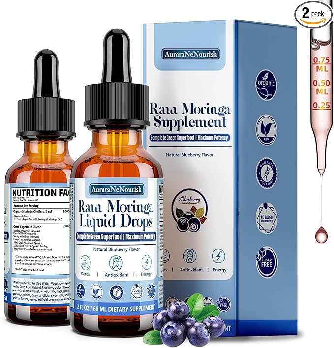 2 Pack Organic Moringa Liquid Drops, 100% Raw Moringa Oleifera Leaf & Green Antioxidant Superfood Blend of Wheatgrass, Barley Grass for Antioxidant Immune, 6X Absorption Than Moringa Capsules powder