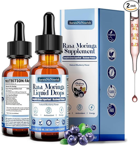 2 Pack Organic Moringa Liquid Drops, 100% Raw Moringa Oleifera Leaf & Green Antioxidant Superfood Blend of Wheatgrass, Barley Grass for Antioxidant Immune, 6X Absorption Than Moringa Capsules powder