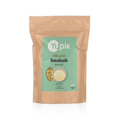 Yupik Organic Baobab Powder 8.8 oz, USDA Certified, Non-GMO, Vegan, Gluten-Free, Kosher, High in Fiber, Tart Superfood for Smoothies, Juices & Baking