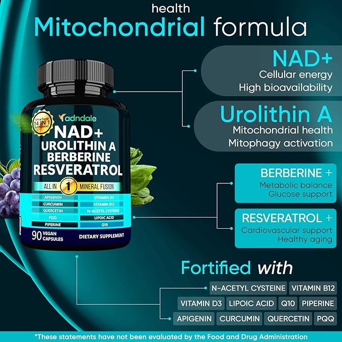 Adndale NAD Supplement for Women and Men. Longevity Formula with Liposomal NAD+, Trans Resveratrol, Urolithin-A, Berberine, CoQ10. NMN Supplement Alternative. 90 Count