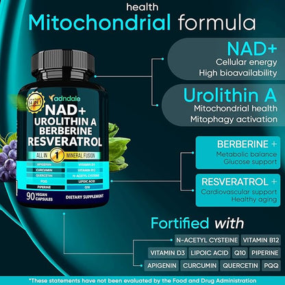 Adndale NAD Supplement for Women and Men. Longevity Formula with Liposomal NAD+, Trans Resveratrol, Urolithin-A, Berberine, CoQ10. NMN Supplement Alternative. 90 Count
