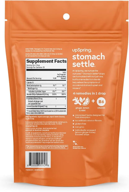UpSpring Stomach Settle Drops for Occasional Nausea Relief and Morning Sickness with Ginger, Lemon, Spearmint, and B6. Individually Wrapped Drops, 55 Ct(Packaging May Vary)
