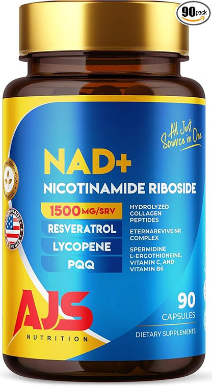 AJS NAD+ Cellular Energy – NR Supplement with PQQ, Resveratrol, Lycopene, Spermidine, L-Ergothioneine, and Collagen Peptides – 90 Capsules for Cellular Support
