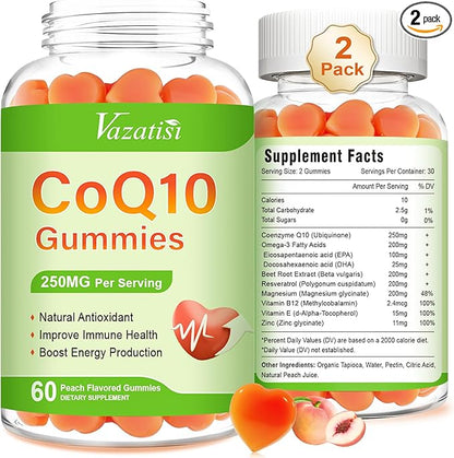 2 Pack CoQ10 Gummies 250 mg, Plus Omega-3, Magnesium, Vitamin B12 for Cellular Energy, Brain & Antioxidant, 5X Better Absorption Coenzyme Q10 Supplement - 120 Cts