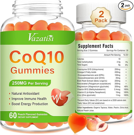 2 Pack CoQ10 Gummies 250 mg, Plus Omega-3, Magnesium, Vitamin B12 for Cellular Energy, Brain & Antioxidant, 5X Better Absorption Coenzyme Q10 Supplement - 120 Cts