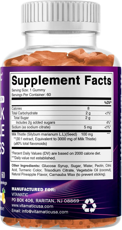 Vitamatic 2 Pack Milk Thistle Gummies- 10000 mg Equivalent Per Serving (from 50:1 Extract 200 mg)- Liver Detox & Anti Oxidant Health - Min. 80% Silymarin Flavonoids - 60 Pectin Based Gummies