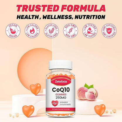 2 Pack CoQ10 Gummies, 5X Better Absorption Coenzyme Q10 for Cellular Energy and Antioxidant Support, 120 Peach Gummies