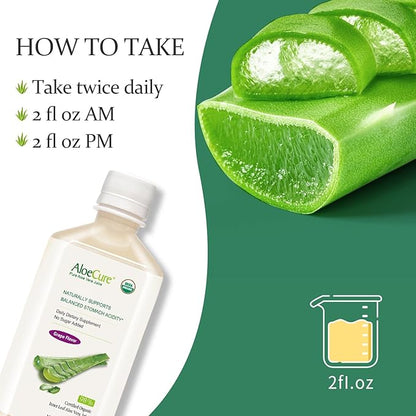 AloeCure USDA Organic Aloe Vera Juice Grape Flavor, Made Within 12 Hours of Harvest - Pure Aloe Vera Digestive & Immune Health Supplement, Helps Maintain Balanced Stomach Acidity, 16.7oz x 12 Btls